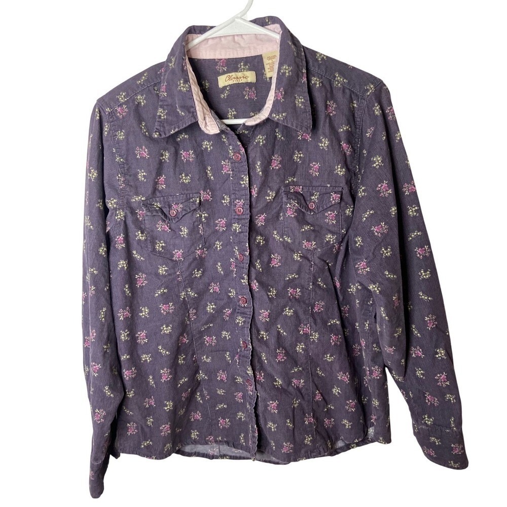 Classic Blues Purple Floral Corduroy Button Front Shirt‎ Womens Large L Cotton